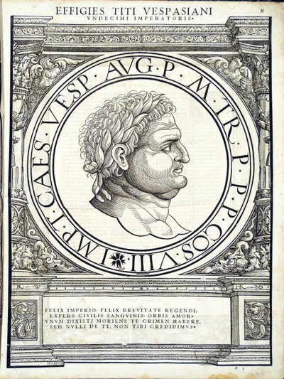 Titus Vespasianus, Illustration aus Imperatorum romanorum omnium orientalium et occidentalium verissimae imagines ex antiquis numismatis von Hans Rudolf Manuel Deutsch